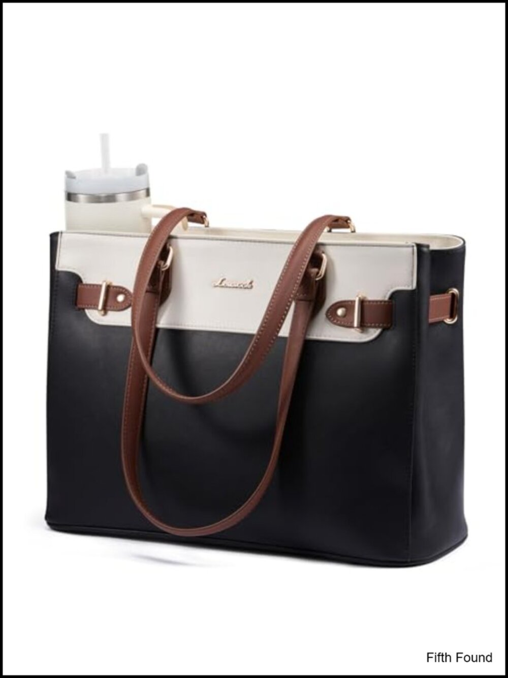 Waterproof leather laptop tote bag for women with cup holder